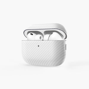 Oscar Eco-Leather Case for AirPods Pro 3 in white with carbon fiber texture, open to reveal earbuds inside.