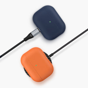Rocca Eco-Leather Case for AirPods Pro 2 in Navy and Orange, shown charging with green LED indicators.