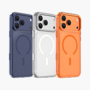 Magnetic Stand Case for iPhone 17 Pro/Pro Max in blue, clear, and orange with MagSafe compatibility.