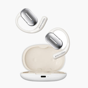 White Airfit open-ear earbuds with ergonomic hooks and charging case, featuring HiFi sound for active lifestyles.