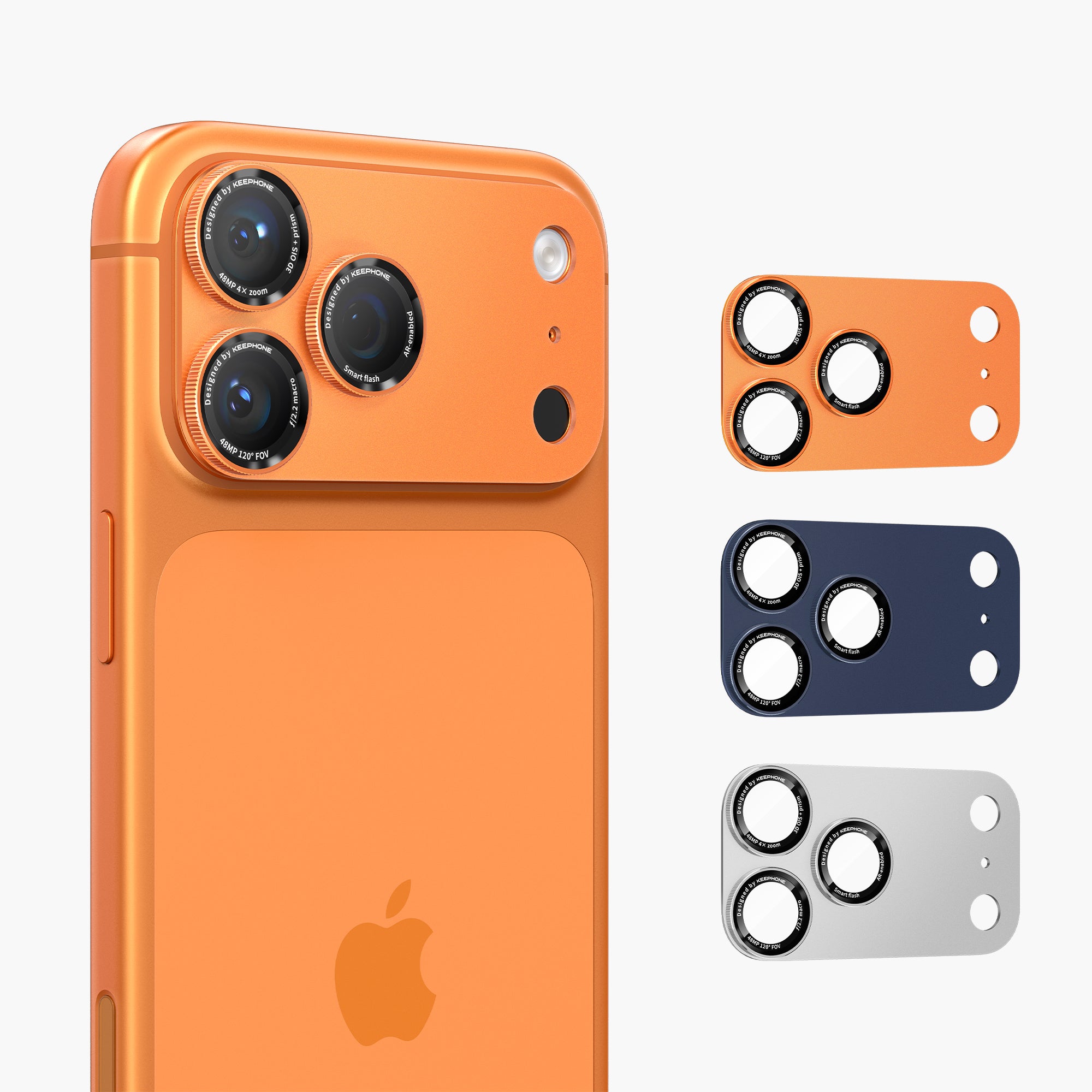 Axion Rotating Lens Protector for iPhone 17 Pro / Pro Max in orange, blue, and silver.