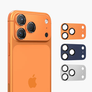 Axion Rotating Lens Protector for iPhone 17 Pro / Pro Max in orange, blue, and silver.