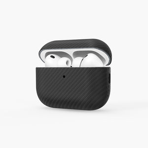 Oscar Eco-Leather Case for AirPods 4 in black carbon fiber texture, open lid revealing white earbuds inside.