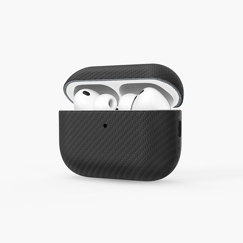 Oscar Eco-Leather Case for AirPods 4 in black carbon fiber texture, open lid revealing white earbuds inside.