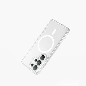 Clear magnetic case for Samsung Galaxy S26 with MagSafe compatibility and camera protection.