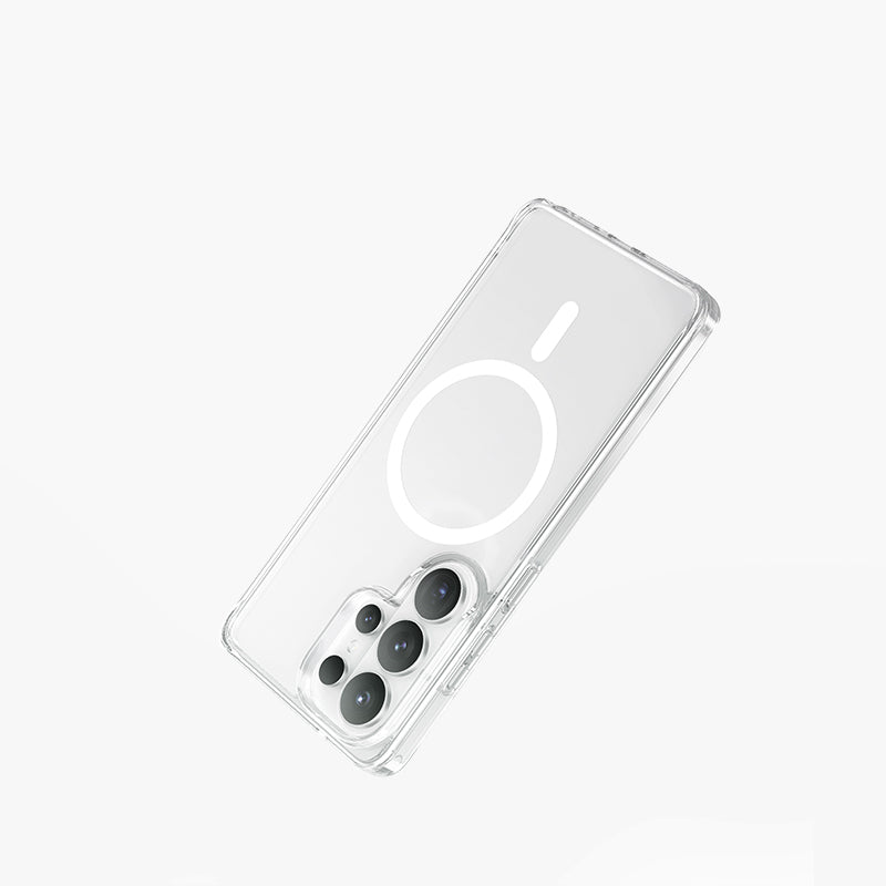 Clear magnetic case for Samsung Galaxy S26 with MagSafe compatibility and camera protection.