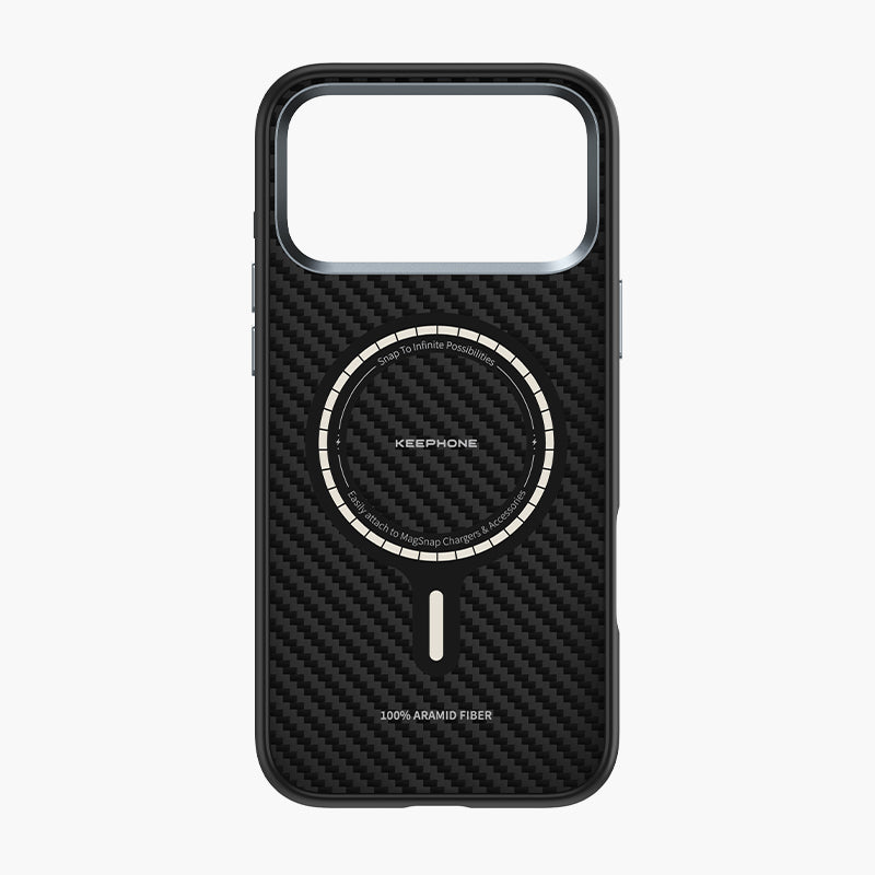 Caiser black aramid fiber magnetic case for iPhone 17 series with MagSafe compatibility and carbon fiber texture.