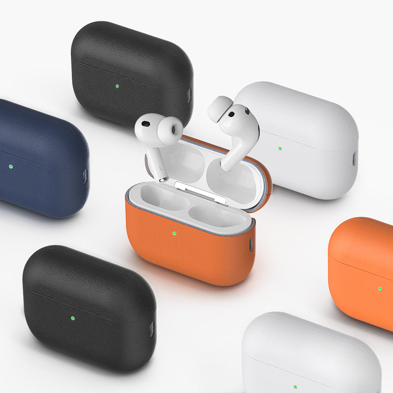 Rocca Eco-Leather Case for AirPods Pro 3 in Black, White, Navy, and Orange with Green LED Indicator