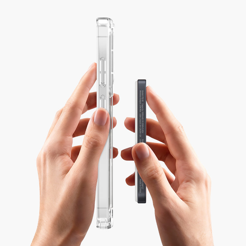 Hands holding Snapgrip Clear Magnetic Strap Case for Samsung Galaxy S26 Ultra, showcasing transparent design and magnetic att