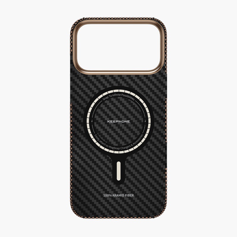 Norra black aramid fiber magnetic case for iPhone 17 series with MagSafe compatibility and carbon fiber texture.