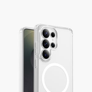 Clear magnetic case for Samsung Galaxy S26 with camera protection and MagSafe compatibility.