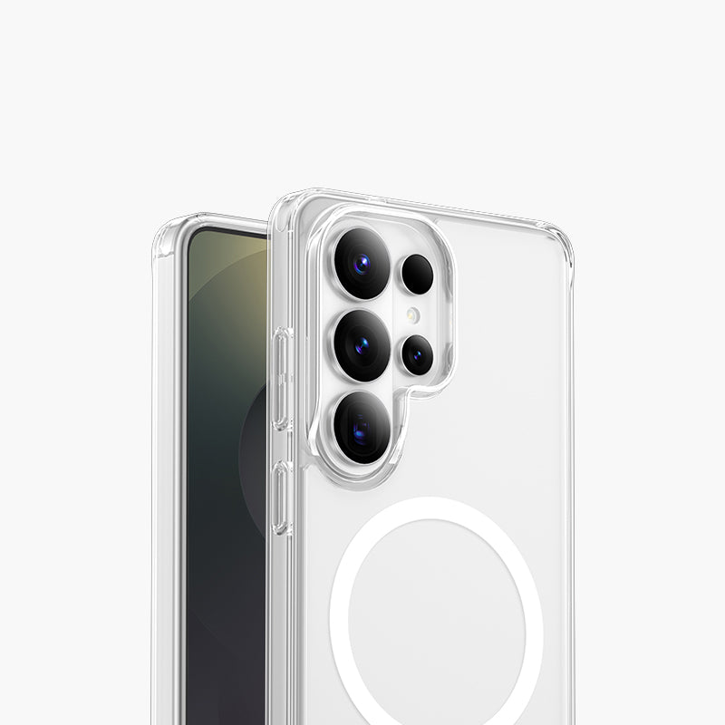 Clear magnetic case for Samsung Galaxy S26 with camera protection and MagSafe compatibility.