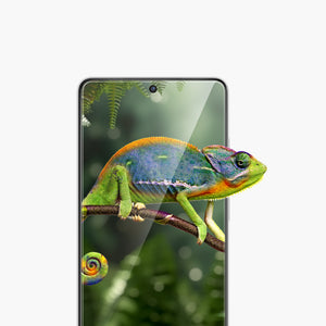 Delux Full Glue Glass Screen Protector for Galaxy S26 Series with vibrant chameleon display showcasing clarity and protection