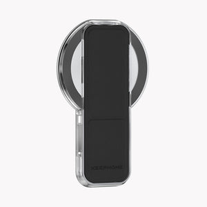 MagBand Magnetic Grip Strap with Foldable Stand - Black Leather Texture, Clear Frame, KEEPHONE Brand