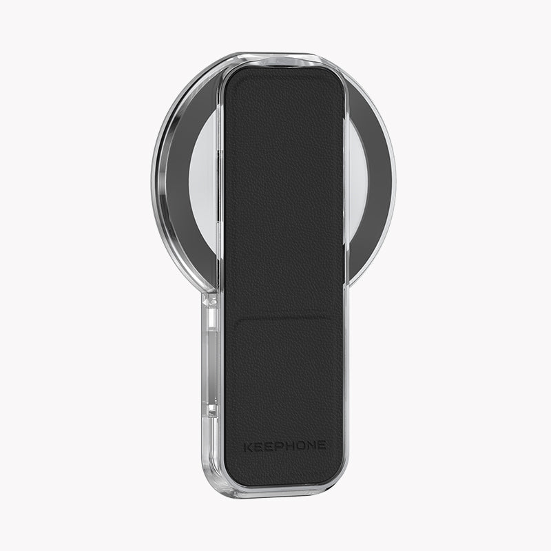 MagBand Magnetic Grip Strap with Foldable Stand - Black Leather Texture, Clear Frame, KEEPHONE Brand
