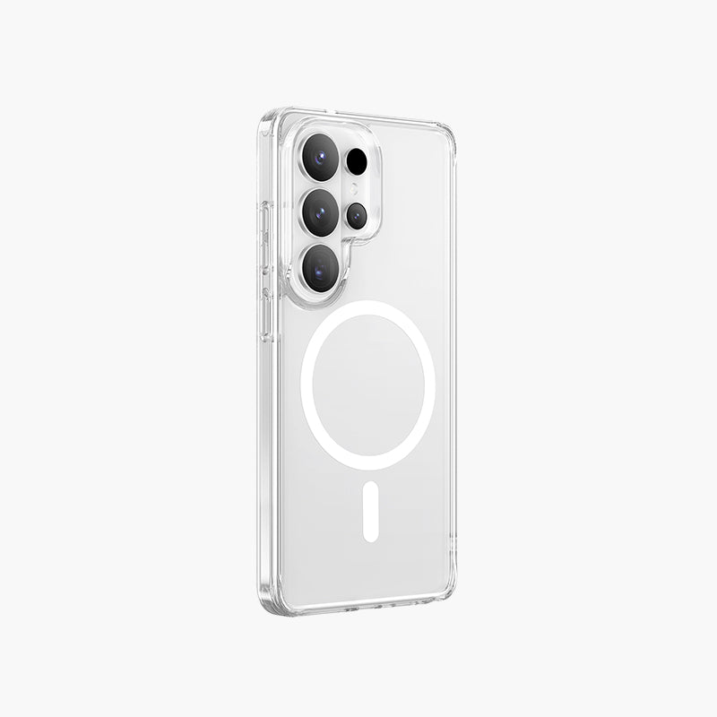Clear magnetic case for Samsung Galaxy S26 with MagSafe compatibility and camera protection.