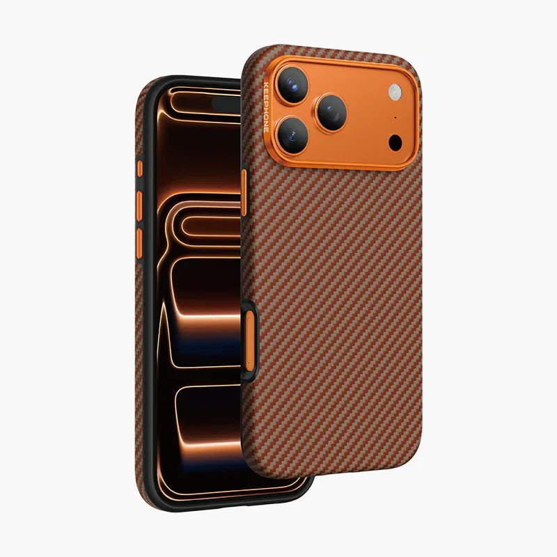Caiser Aramid Fiber Magnetic Case for iPhone 17 Series - Orange Carbon Fiber Design with Camera Protection
