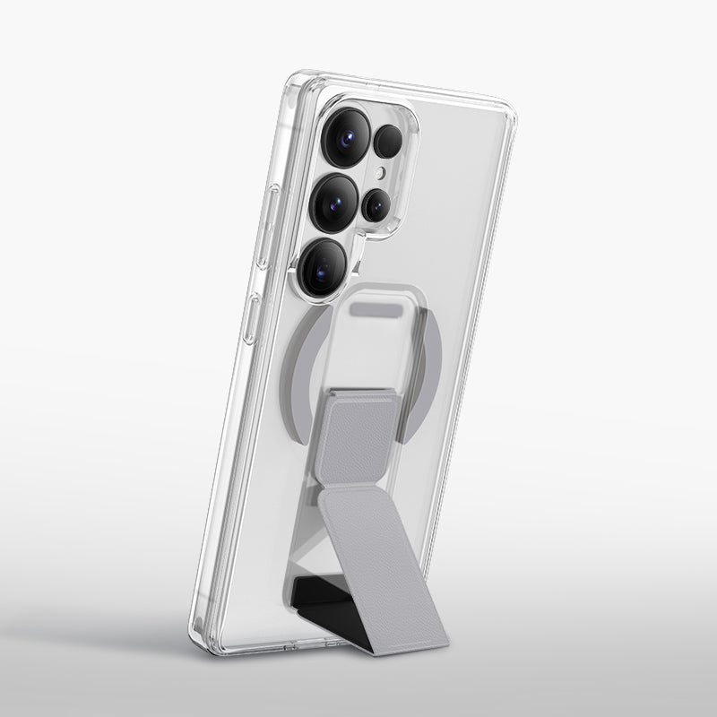 Snapgrip Clear Magnetic Strap Case for Samsung Galaxy S26 Ultra with built-in stand and camera protection.