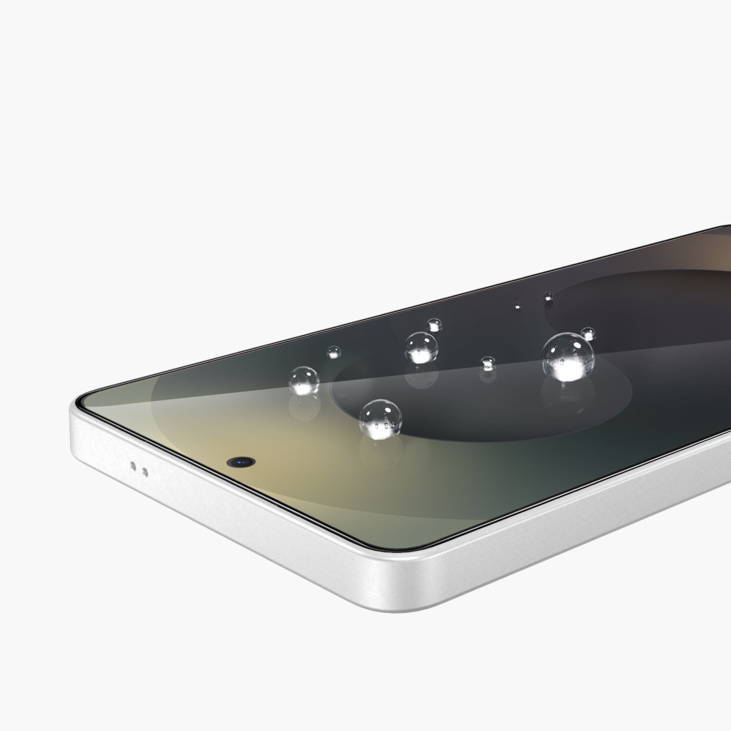 Delux Full Glue Glass Screen Protector for Galaxy S26 Series with water droplets showcasing hydrophobic coating.