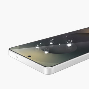 Delux Full Glue Glass Screen Protector for Galaxy S26 Series with water droplets showcasing hydrophobic coating.