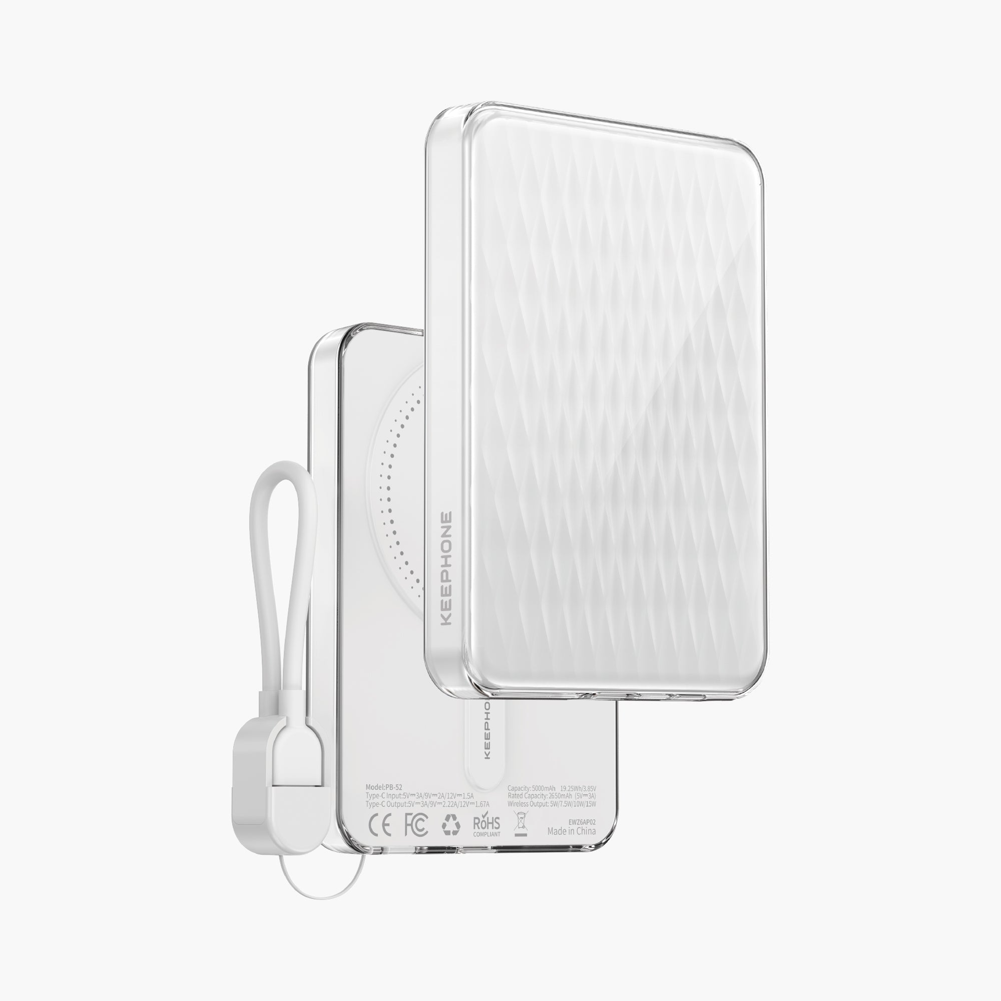 Icemag 5000mAh Magnetic Wireless Power Bank with sleek white design and portable charging cable.