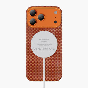 Norra Aramid Fiber Magnetic Case for iPhone 17 Series with woven texture and MagSafe compatibility in burnt orange.