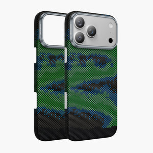 Starry Aramid Fiber Magnetic Case for iPhone 17 Series with green and blue pixelated design.
