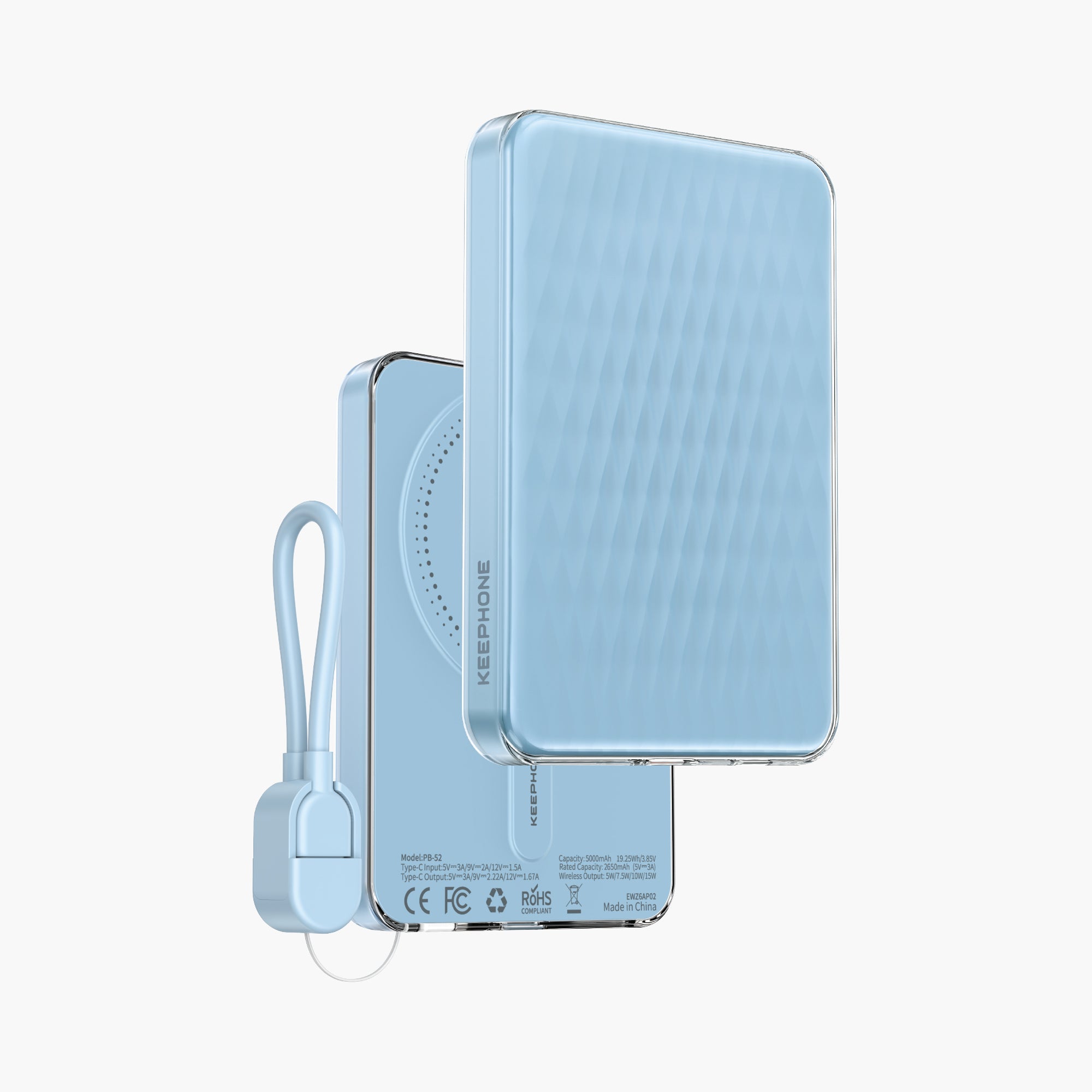 Icemag 5000mAh Magnetic Wireless Power Bank in light blue with attached cable, compact portable charger for smartphones.