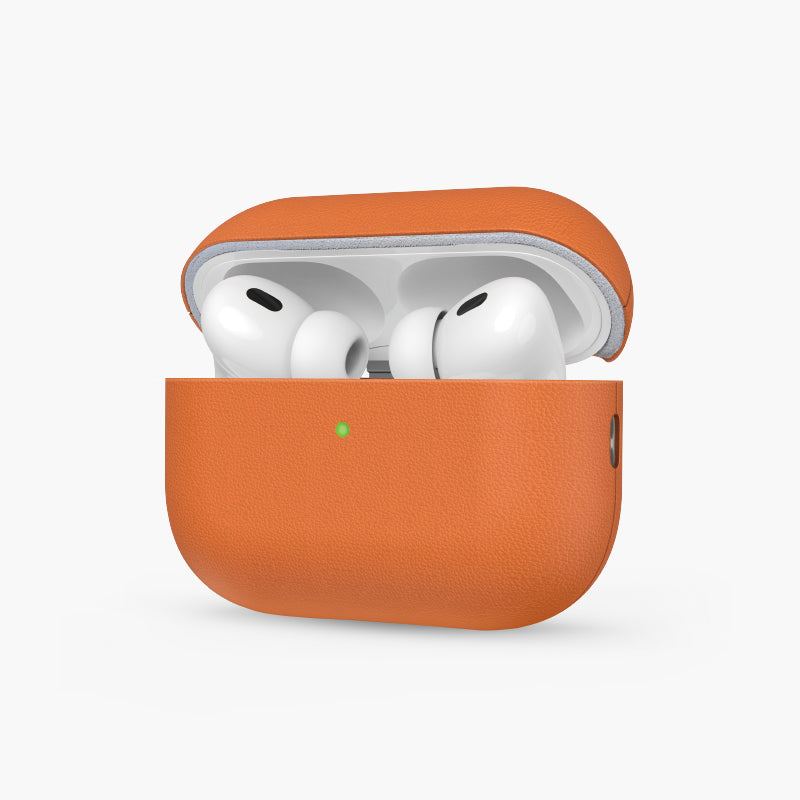Rocca Eco-Leather Case for AirPods Pro 2 in vibrant orange, offering stylish protection and seamless compatibility.