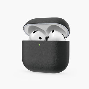 Black eco-leather case for AirPods 4, open showing white earbuds inside with green LED indicator.