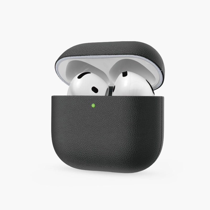 Black eco-leather case for AirPods 4, open showing white earbuds inside with green LED indicator.