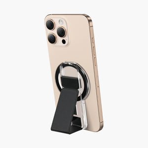 MagBand Magnetic Grip Strap with Foldable Stand for iPhone, sleek black design enhances hold and viewing angles.
