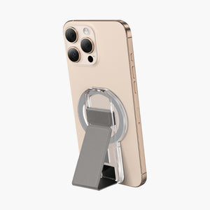 MagBand Magnetic Grip Strap with Foldable Stand for iPhone, clear ring holder and grey leather stand accessory.