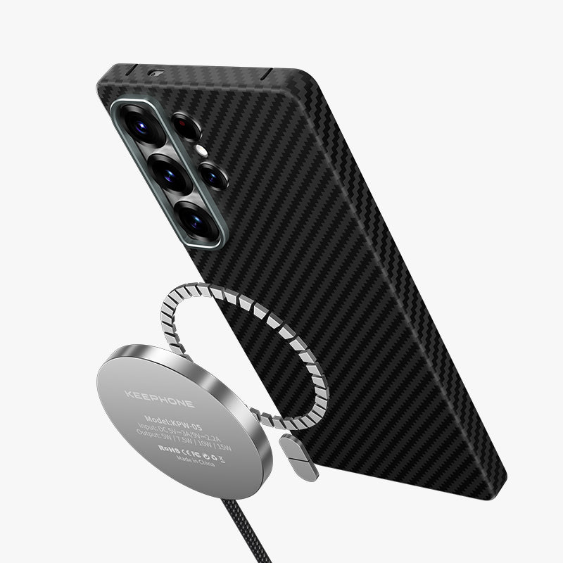 Diago Aramid Fiber Magnetic Case for Samsung Galaxy S26 Series with sleek carbon fiber design and wireless charging compatibi