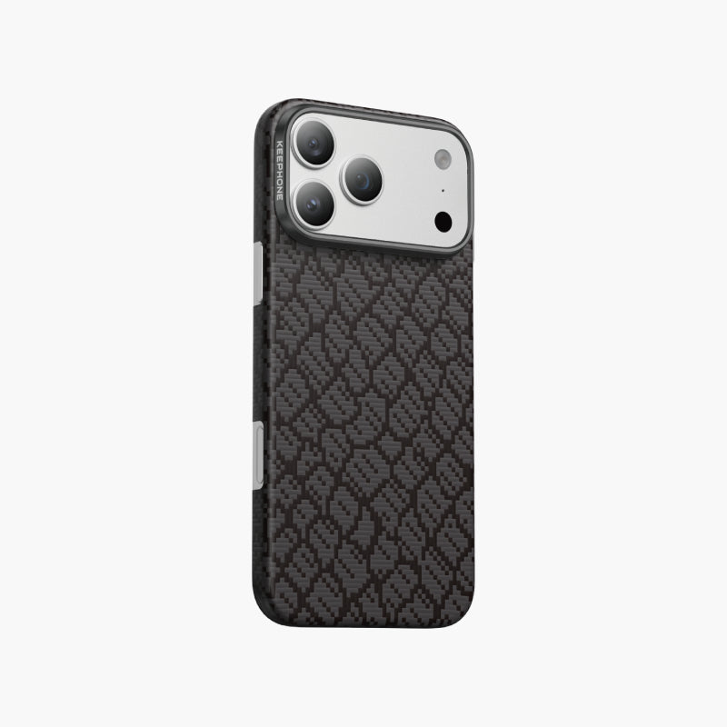 Drakon Aramid Fiber Magnetic Case for iPhone 17 Pro/Pro Max with textured black design and camera protection.