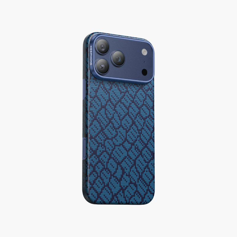 Drakon blue aramid fiber magnetic case for iPhone 17 Pro/Pro Max with textured pattern and camera protection.