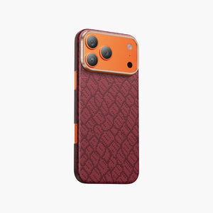 Drakon Aramid Fiber Magnetic Case for iPhone 17 Pro/Pro Max - Red Textured Design with Orange Camera Frame