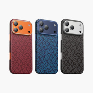 Drakon Aramid Fiber Magnetic Case for iPhone 17 Pro/Pro Max in red, blue, and black with textured design.