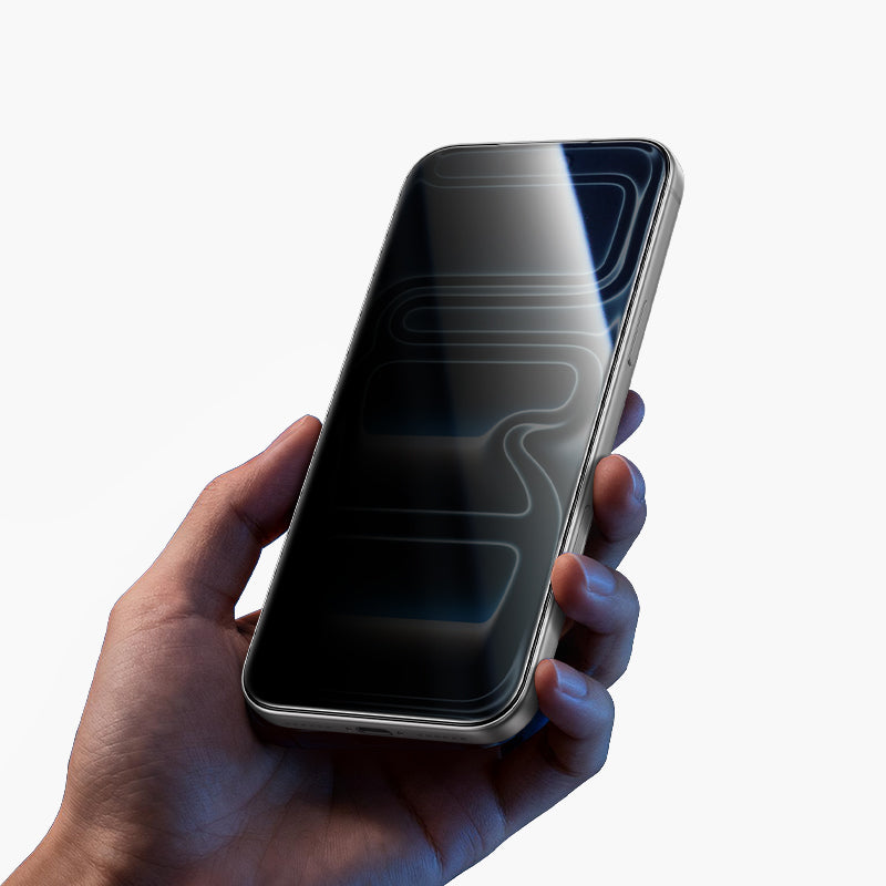 Hand holding iPhone 17 with Ultracurve Privacy Screen Protector, showcasing sleek design and advanced privacy features.