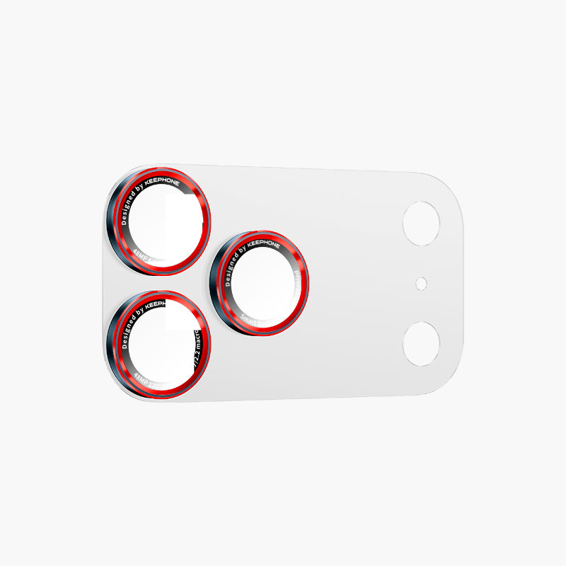 Auralens red-rimmed camera lens protector for iPhone 17 Pro/Pro Max, clear tempered glass with precise cutouts.