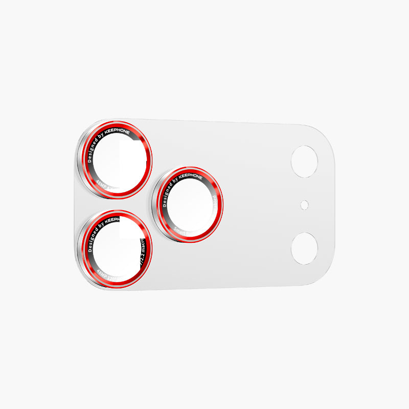 Auralens red-ringed camera lens protector for iPhone 17 Pro/Pro Max, durable metal frame with precise cutouts.
