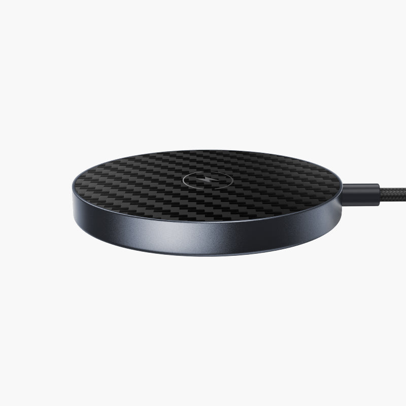 Snapad 3-in-1 Magnetic Wireless Charging Pad for MagSafe, sleek black carbon fiber design with fast charging cable.