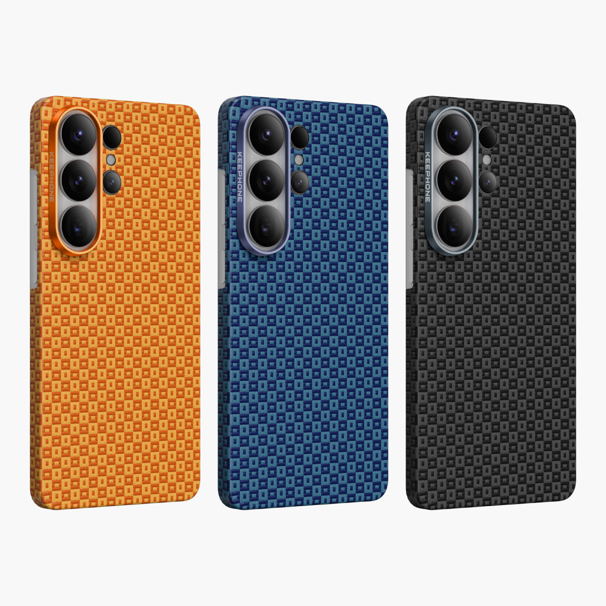 Ankora Aramid Fiber Magnetic Case for Samsung Galaxy S26 Ultra in orange, blue, and black woven textures.