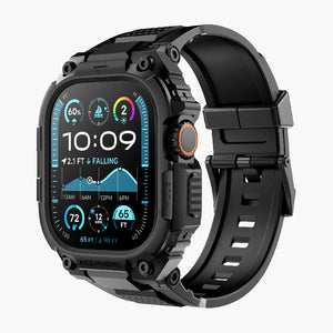 Black Aegis rugged watch band with protective case for Apple Watch, durable outdoor design with orange accents.