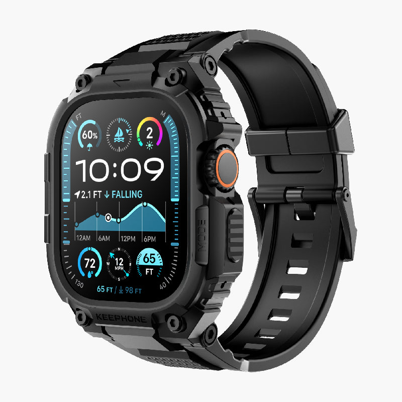 Black Aegis rugged watch band with protective case for Apple Watch, durable outdoor design with orange accents.