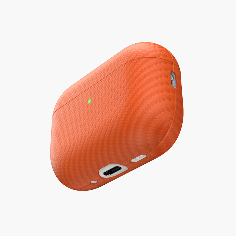 Oscar Eco-Leather Case for AirPods Pro 3 in vibrant orange with textured finish and green LED indicator.